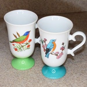 VTG bird mugs cups with blue and green pedestal base from japan